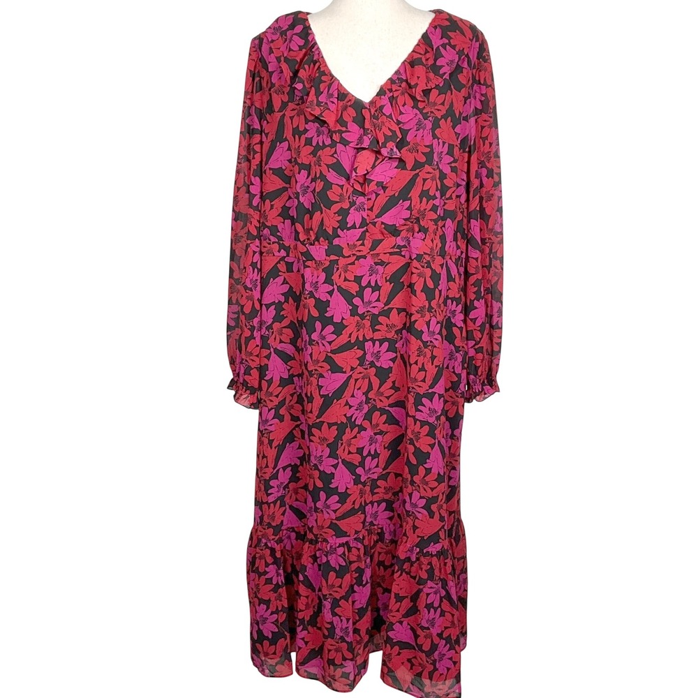 J. Crew Dress‎ Women 18 Purple Red Floral Long Sleeve Tier Midi Boho Statement